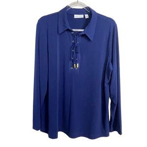 Susan Graver Top Women's Size‎ XL Lace Up Long Sleeve Blue Tunic